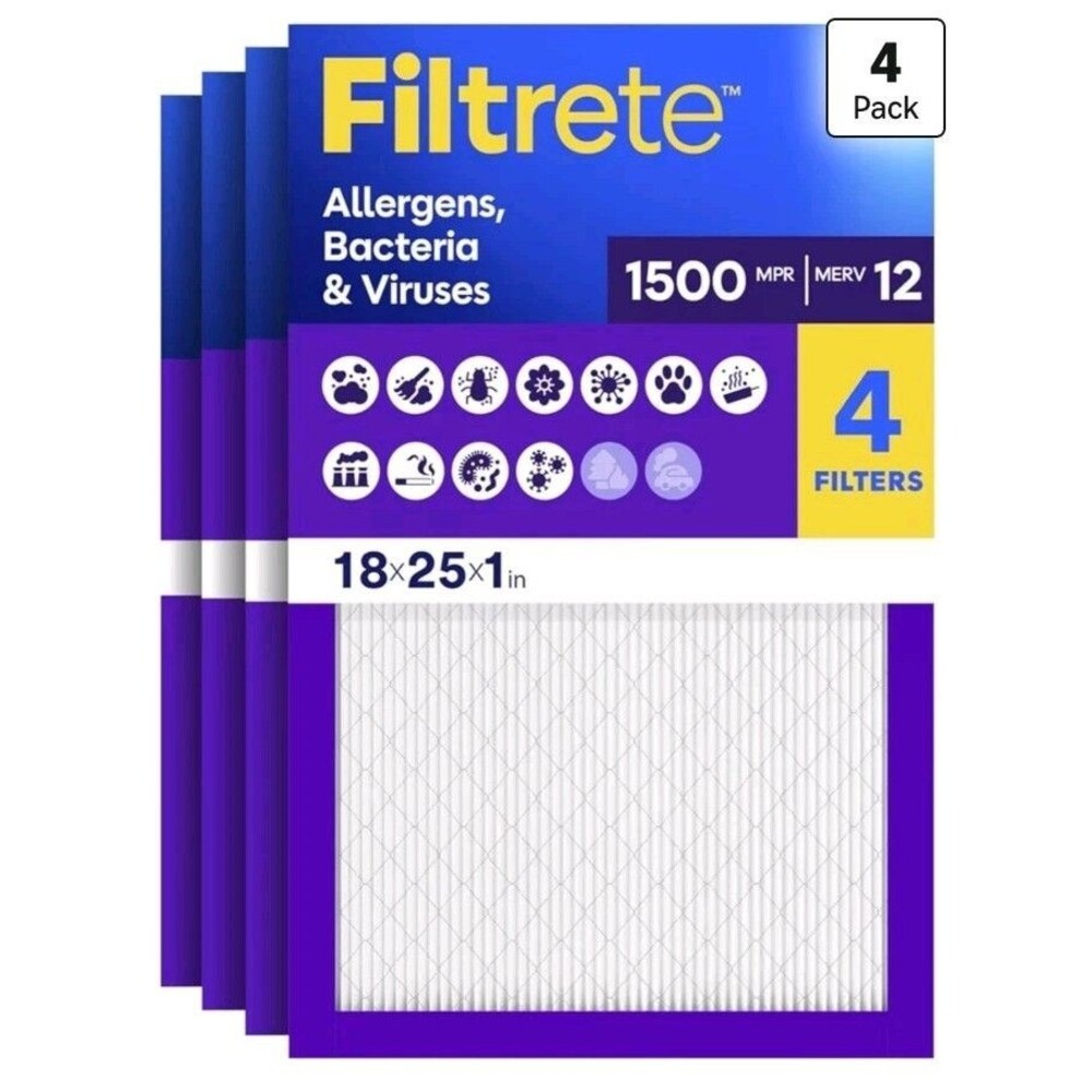 (4PK) Filtrete 18x25x1 MERV 12 MPR 1500 Allergens Bacteria & Viruses 3 Month...